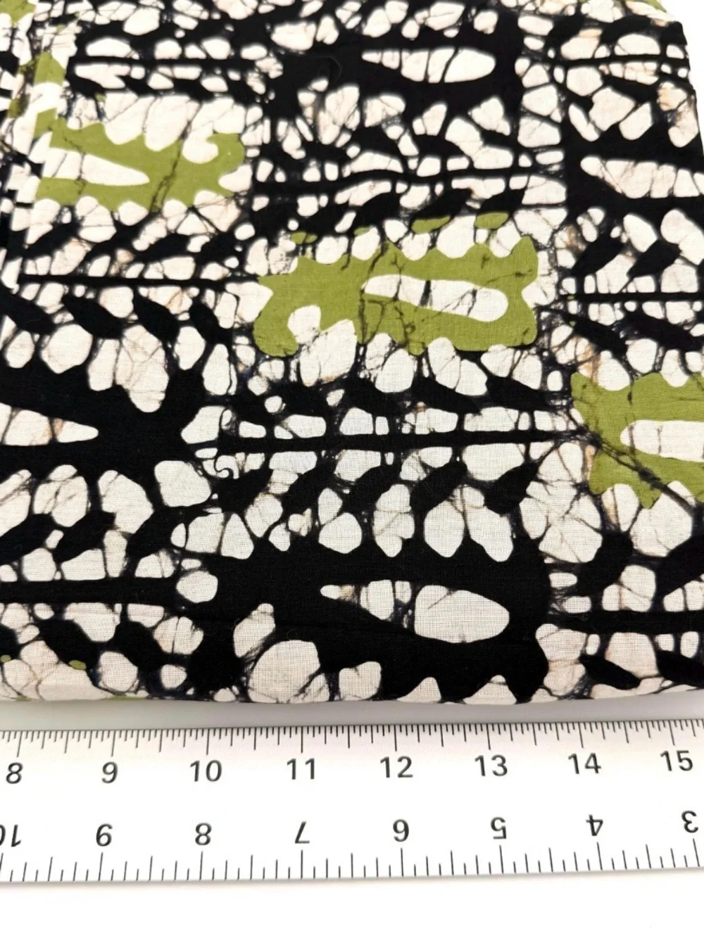 Hand Blocked Black, White & Olive Green Batik Cotton Cambric Fabric. 44” wide.